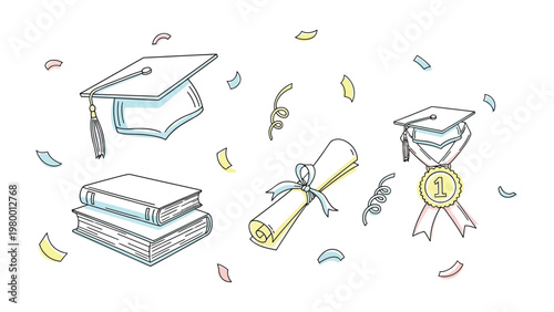 Education essentials: A celebratory depiction of essential graduation items, including a mortarboard, diploma, books, and medal, celebrating academic achievement and new beginnings.