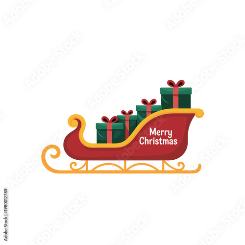 Merry Christmas Sleigh with Green Gifts and Red Ribbons