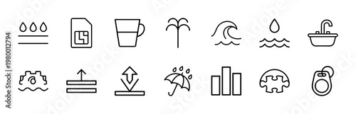 Minimalist water conservation and ecology line icons for environmental sustainability projects.