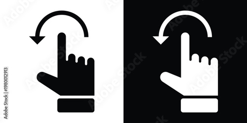 Dual‑tone mirrored hand gesture icon with curved arrow above finger, representing rotation or refresh motion. Ideal for touchscreen interface, app design, and modern digital graphics.