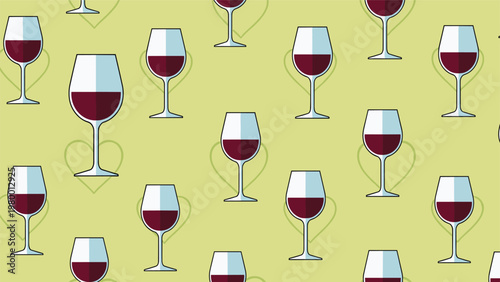 Seamless pattern featuring wine glasses filled with red wine and faint green hearts on a pale yellow background for romance.