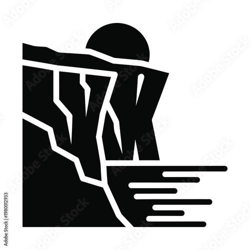 A black and white icon showing a rugged cliff face overlooking the sea with a sun or moon rising above.