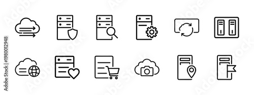 Cloud computing and virtual server outline icons for digital technology projects