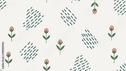 Simple seamless pattern with small pink rosebuds and groups of dark green dash marks on a light background for spring designs.