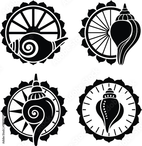 Black and white illustrations of conch shells in circular floral designs