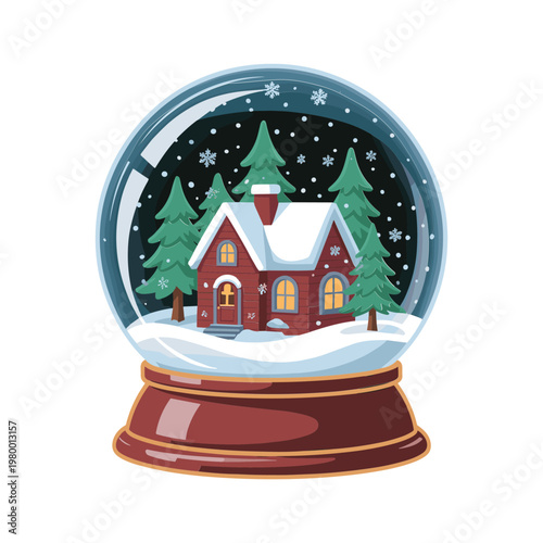 Snow globe with cozy red house and pine trees inside