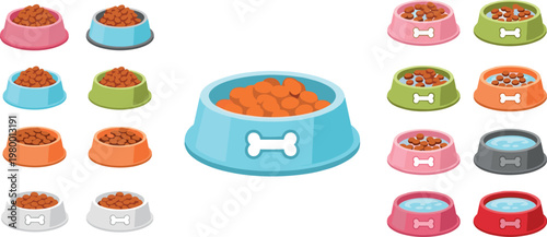 Pet food bowls set with dry kibble and water colorful flat vector illustration dog and cat feeding dishes isolated