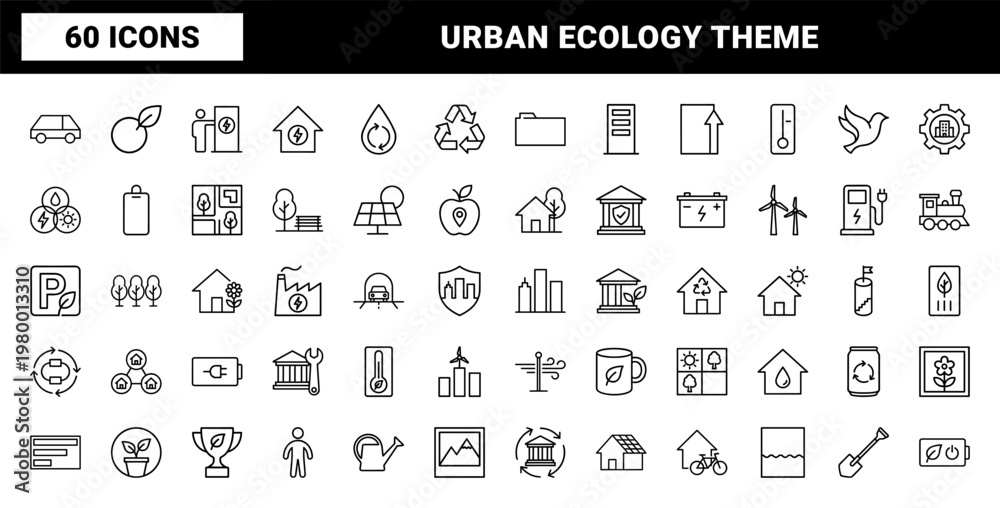 Fototapeta premium Sustainable city and green energy minimalist line icon set