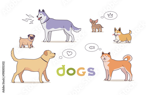 Funny and cute cartoon dogs illustratioin set