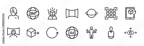 Virtual reality and augmented reality line icons for futuristic technology interfaces.