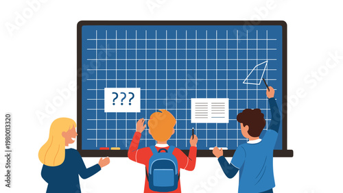 Group of school children stands in front of a large interactive digital chalkboard while studying geometry and math problems.