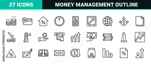 Business profit and financial growth outline icon set
