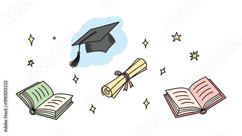 Academic Endeavors: A collection of educational symbols, featuring a graduation cap, rolled diploma, and open books. This illustration encapsulates the essence of academic pursuit.