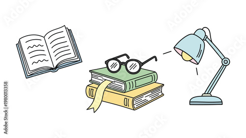 Literary Haven: A scene featuring an open book, a stack of books, spectacles, and a desk lamp, suggesting a setting of reading and contemplation.