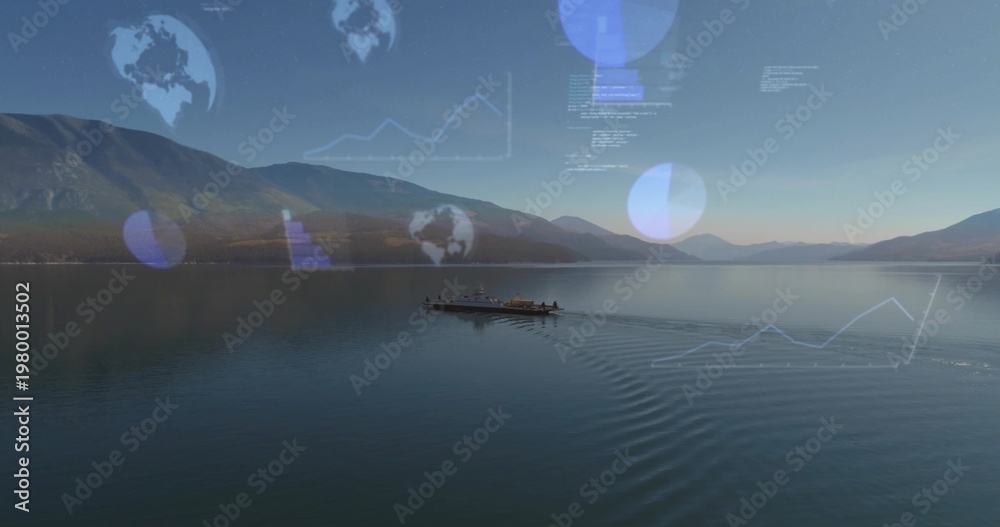 Obraz premium Crew starting motor and piloting marine barge across fjord, graphics over sky matching crew route