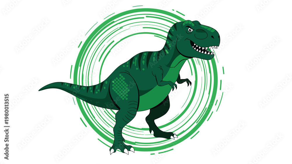 Fototapeta premium Mighty green Tyrannosaurus Rex stands in profile against a circular abstract background with green brush strokes and lines.