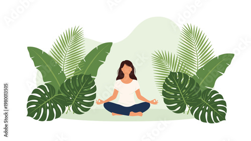 Young woman practices yoga in a peaceful lotus pose surrounded by lush tropical green leaves of monstera and palm trees.