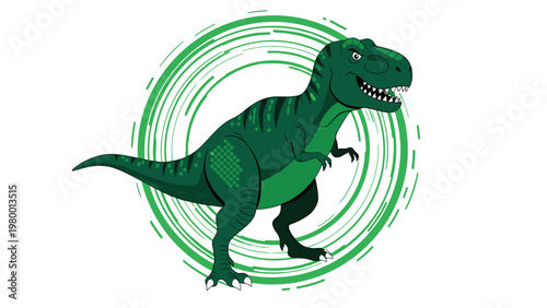 Mighty green Tyrannosaurus Rex stands in profile against a circular abstract background with green brush strokes and lines.