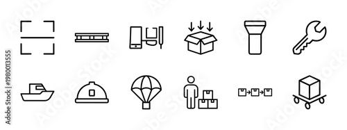 Warehouse logistics and shipping outline icons set