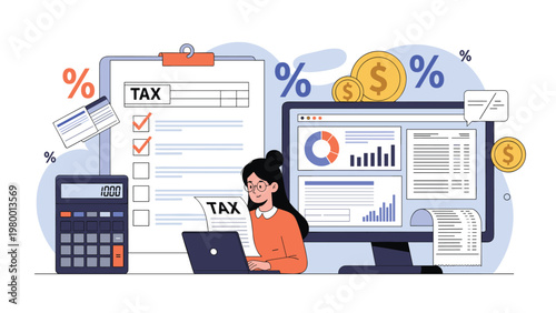 Professional woman manages financial accounting and tax documents using a laptop and calculator with data charts and icons.