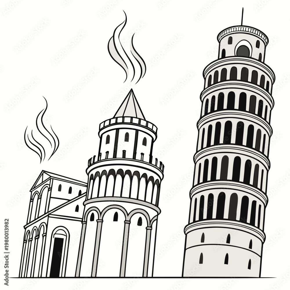 Obraz premium Black and white illustration of pisa cathedral and leaning tower of pisa