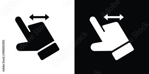 Symmetrical hand gesture icon with extended thumb and finger forming L shape, paired with double‑headed horizontal arrow. Represents swipe left or right motion in digital interfaces.