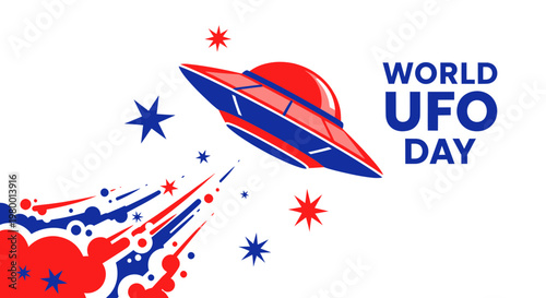 World UFO Day: Flying Saucer and Stars Illustration