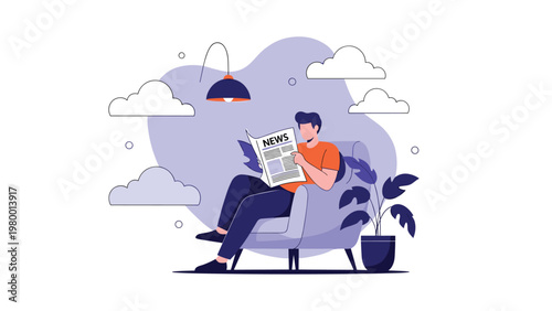 Relaxed man sits in a comfortable armchair reading a newspaper in a living room with clouds and a lamp in the background.