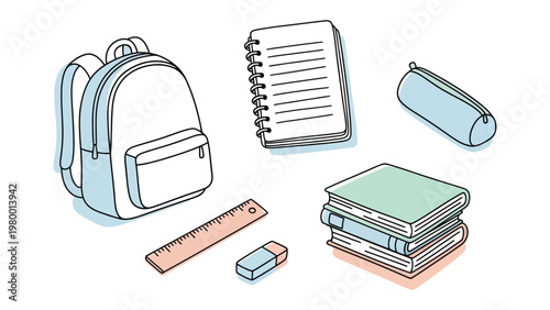 Essential school supplies laid out, ready for an academic adventure: A close-up, simple flat lay arrangement of a backpack, notebook, pencil case, ruler, eraser, and stacked book.