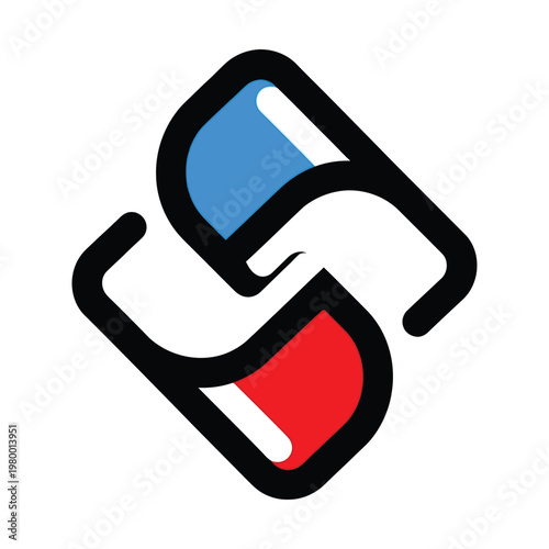 Stylized graphic of two 3D glasses, one blue and one red, intertwined to form a dynamic 'S' shape, on a white background.