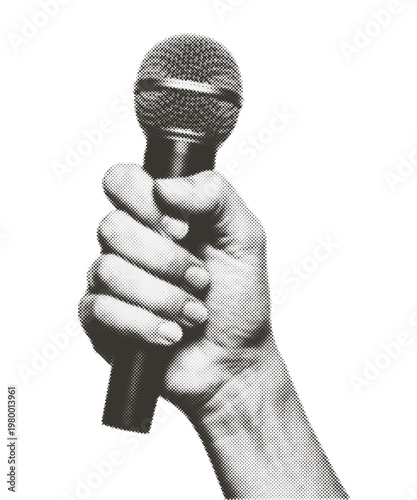 Male hand holding a microphone for singing - retro halftone collage element. Trendy vintage design asset for live music, podcast, or vocal performance.