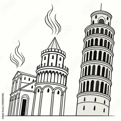 Black and white illustration of pisa cathedral and leaning tower of pisa