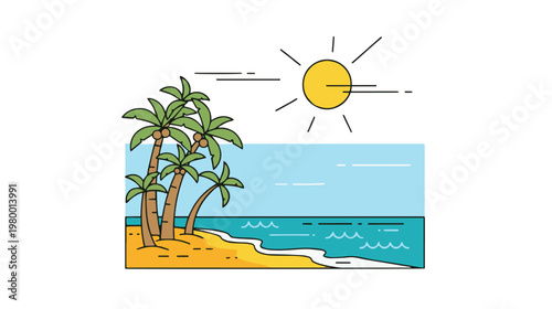 Beautiful Beach Sunset with Palm Trees and Boat Calm Sea Landscape Illustration