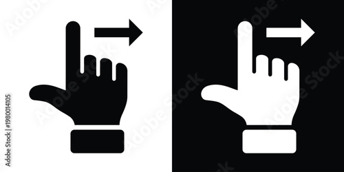 Contrasting black and white mirrored hand icon with upward finger and right arrow, symbolizing directional swipe gesture. Minimalist design suitable for UI, apps, and stock illustrations.