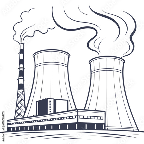 A black and white illustration of a nuclear power plant with cooling towers and a smokestack