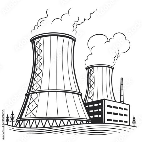 A black and white illustration of a nuclear power plant with two cooling towers emitting steam into the air