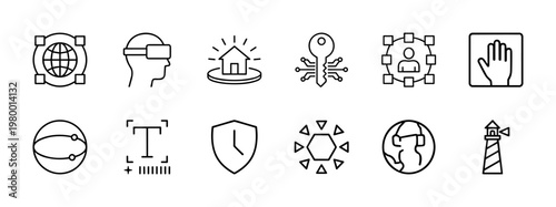 Minimalist virtual reality and metaverse line icon set