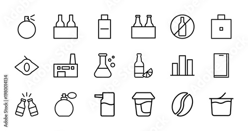 Minimalist beverage bottle and liquid container outline icon set