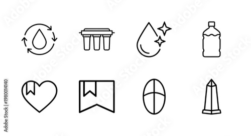 Minimalist water purification and hydration outline icon set