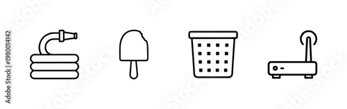 Minimalist garden hose and home maintenance equipment line icon set
