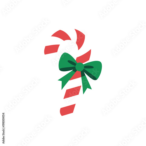Vector illustration of a festive candy cane with green bow isolated on white background for Christmas and holiday designs
