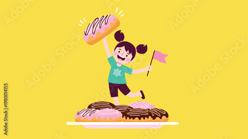 Happy young girl holds a giant pink donut and stands on a pile of delicious frosted donuts with a flag on a yellow backdrop.
