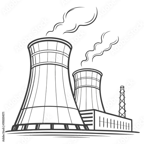A black and white illustration of a nuclear power plant with two cooling towers emitting steam