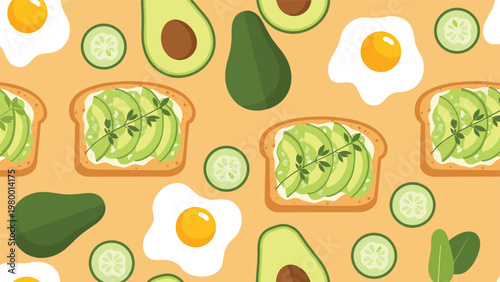 Seamless food pattern displays delicious avocado toast with herbs, fried eggs, and sliced cucumbers on a bright yellow base.