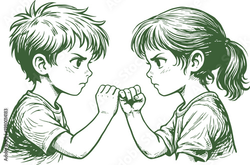 Boy and Girl Arm Wrestling Face to Face
