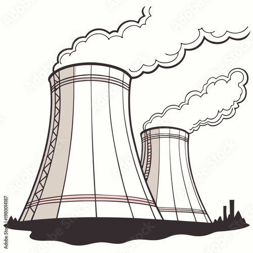 Illustration of two nuclear power plant cooling towers with smoke emissions