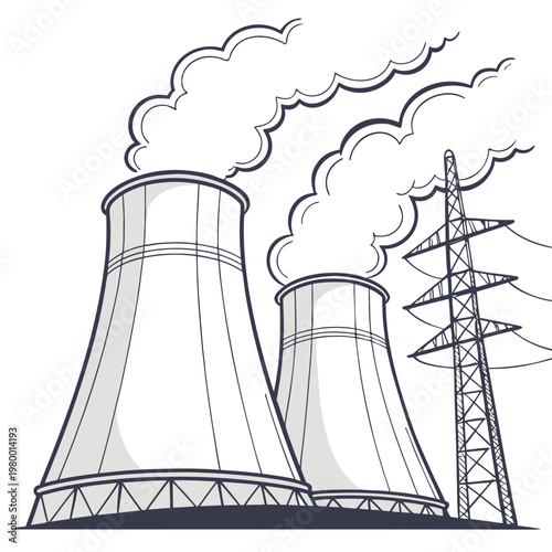 A black and white illustration of a power plant with cooling towers and a transmission tower emitting smoke