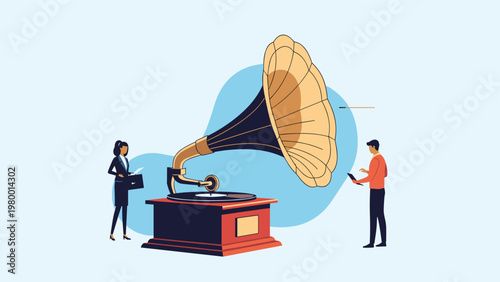 Man and woman stand next to a giant vintage gramophone to listen to music in a conceptual flat illustration for audio fans.
