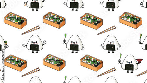 Seamless pattern features cute onigiri characters, sushi lunch boxes, and chopsticks in a fun Japanese food illustration.