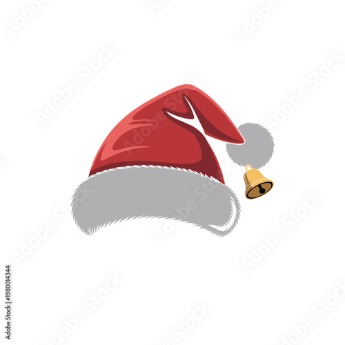 Vector illustration of a red Santa Claus hat with white fur and a golden bell